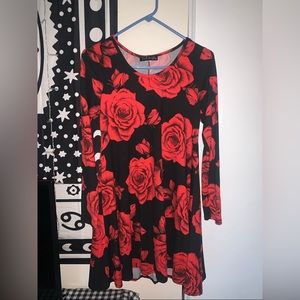 Womens Red & Black Rose LongSleeve Dress